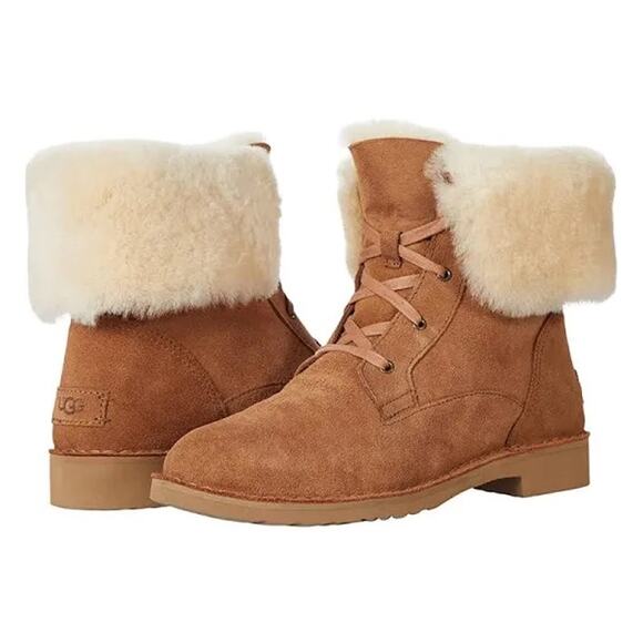 Ugg Australia Shoes - UGG Weylyn Shearling Cuff Lace Up Suede Boots Chestnut Fur Womens 8.5 Cozy Y2K